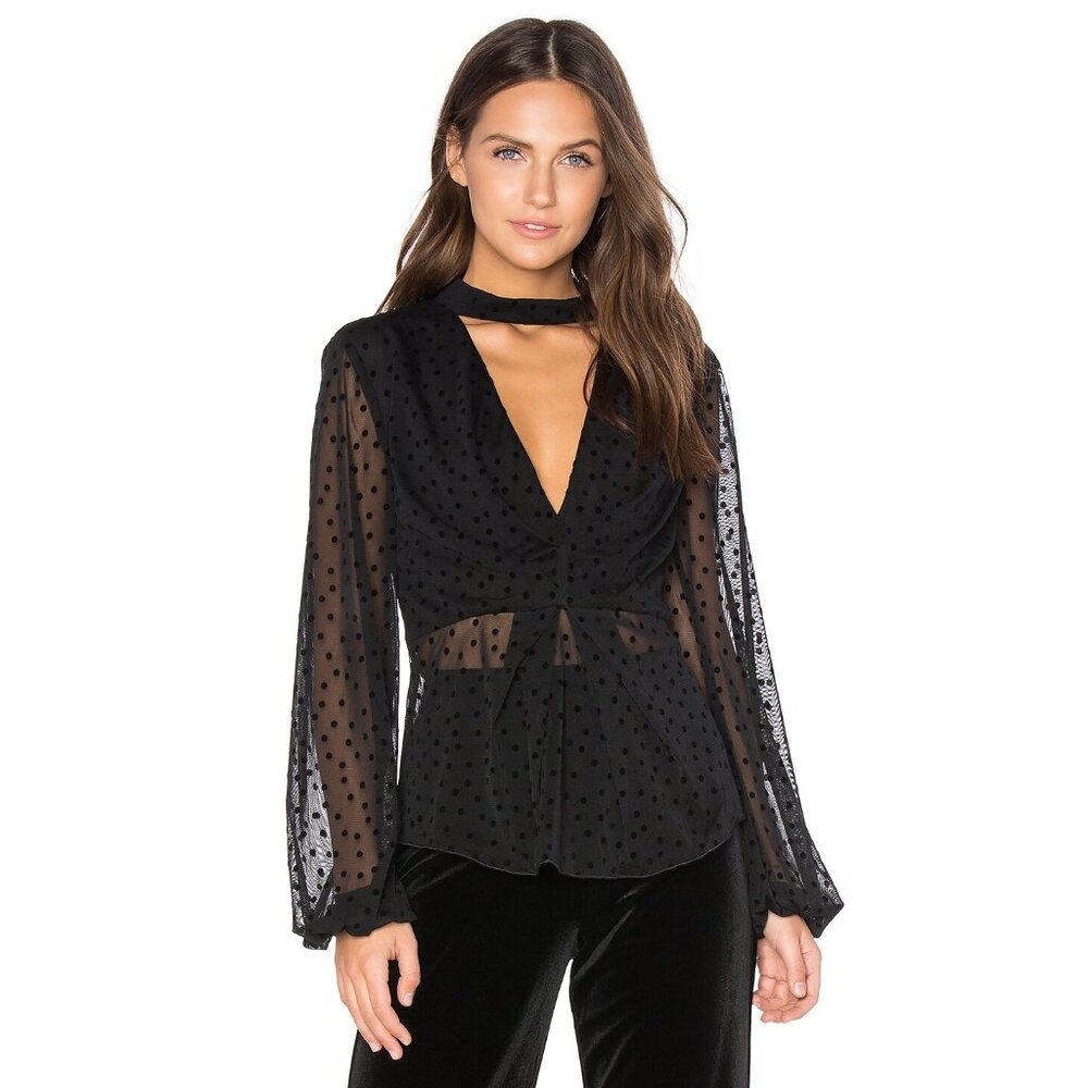 Nicholas Black Sheer Top Velvet Mock Neck Plunge Blouse Shirt Small Medium